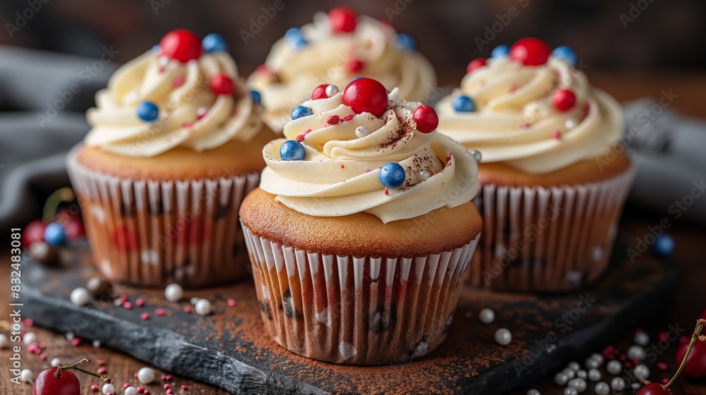 Festive Cupcakes with Red and Blue Decorations Festive Cupcakes with Red and Blue Decorations