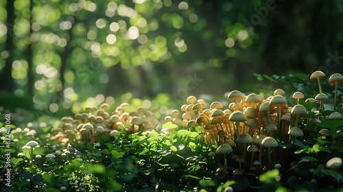 A cluster of mushrooms growing in a forest, their shadows blending with the undergrowth
