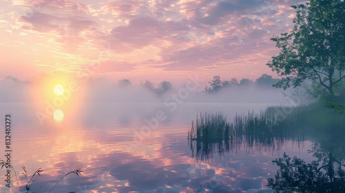 A tranquil lakeside scene at dawn, with fog rising from the water and the first light of day illuminating the sky photo