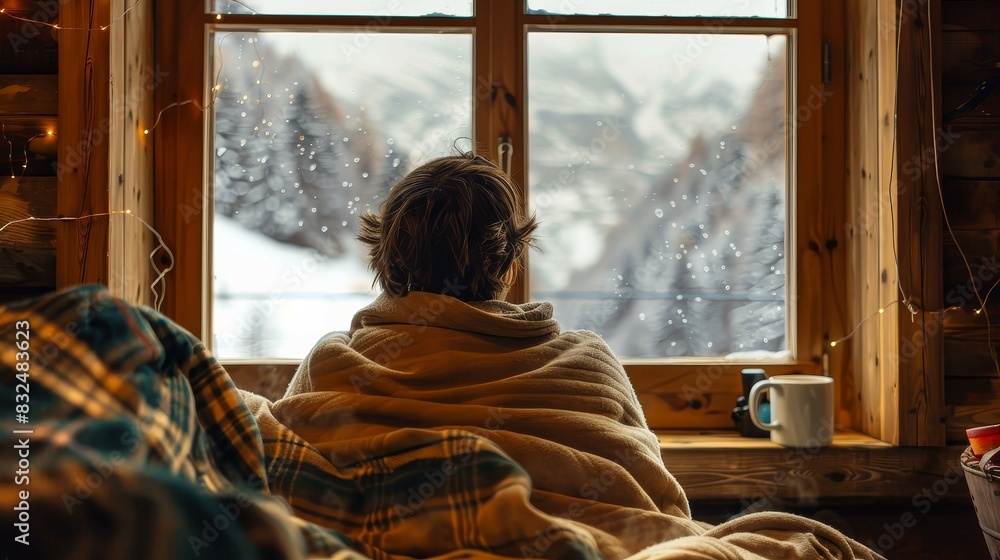 A serene mountain cabin with a person sitting by a window, wrapped in a blanket, drinking hot soup A serene mountain cabin with a person sitting by a window, wrapped in a blanket, drinking hot soup
