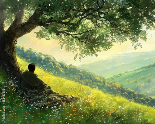 A serene meadow with a person resting under a tree, wrapped in a blanket, enjoying the fresh air