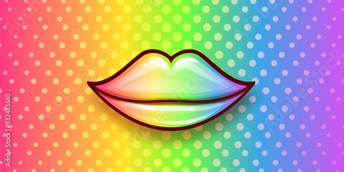 LGBT Lips With Rainbow Color lips. Gay And Lesbian Pride Vector banner. LGBT Pride month or pride day poster, sticker,label, invitation party card with lesbian woman lips pop art groovy style