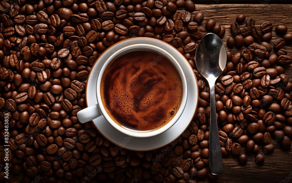 Fototapeta premium Overhead image of a coffee cup encircled by coffee beans, capturing the essence of a perfect morning brew focus on rich aroma, dynamic, blend mode, cafe table backdrop