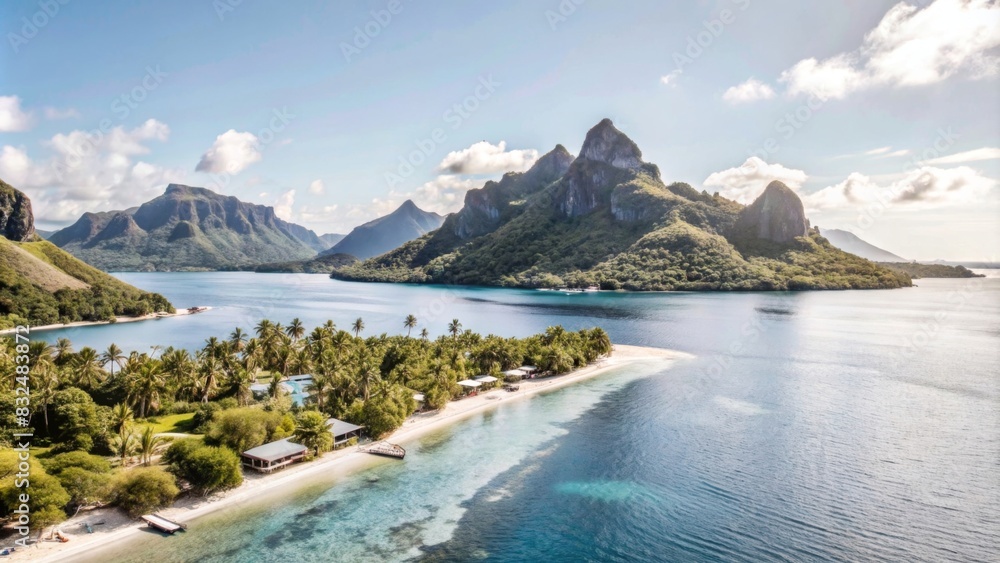 Aerial view of the turquoise sea and lush greenery on Mo'chi, French Polynesia with black sand beaches. Aerial view of the turquoise sea and lush greenery on Mo'chi, French Polynesia with black sand beaches.