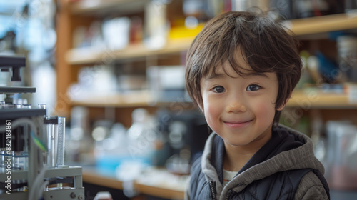 Young boy smiling in a science lab, surrounded by scientific equipment, indicating curiosity and learning.