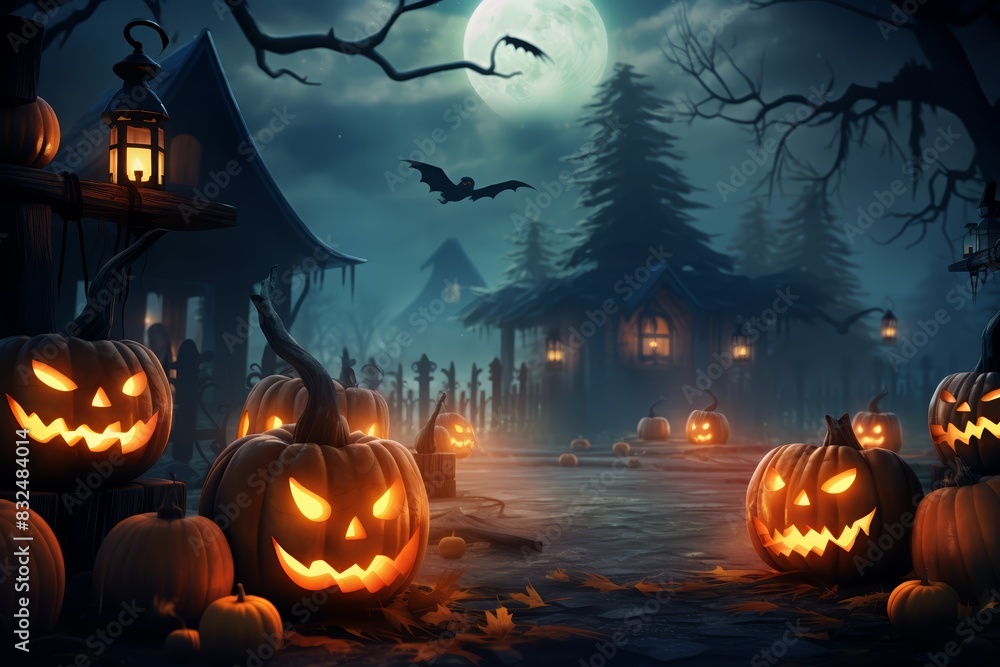 Glowing jack-o-lanterns at a Halloween party, eerie moonlight, shadowy figures, festive decorations Glowing jack-o-lanterns at a Halloween party, eerie moonlight, shadowy figures, festive decorations