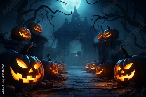 Glowing jack-o-lanterns at a Halloween party, eerie moonlight, shadowy figures, festive decorations