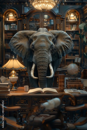 Elephant in a cozy library  warm lighting  vintage decor  front view