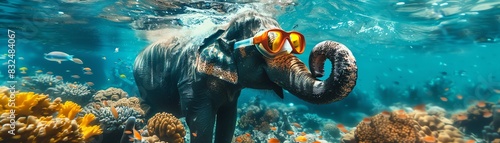 Elephant underwater with snorkel gear, vibrant coral reef © Creative_Bringer