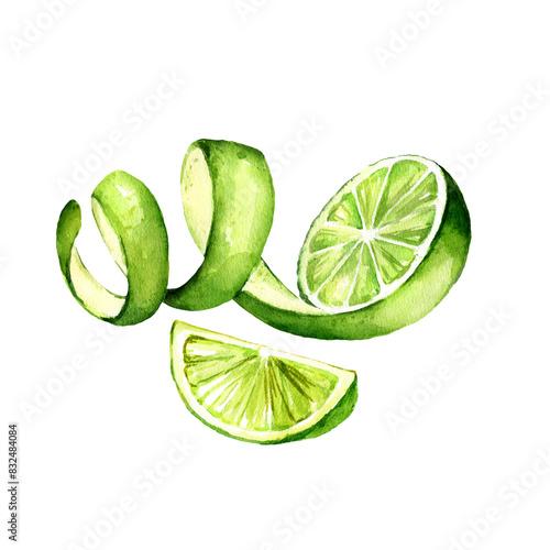 watercolor lime with peeled skin and slice, hand drawn illustration of half a fresh green lime with peel and half of lime, sketch of summer fruit for cocktail, refreshing drinks and tequila