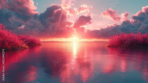 A beautiful sunset over a body of water with pink flowers in the foreground