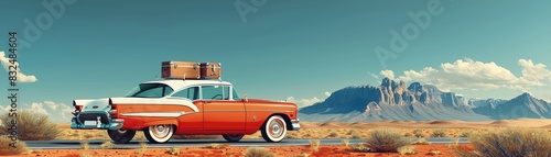 Retro car with suitcases on the roof driving through a desert landscape, blue skies, road trip feel