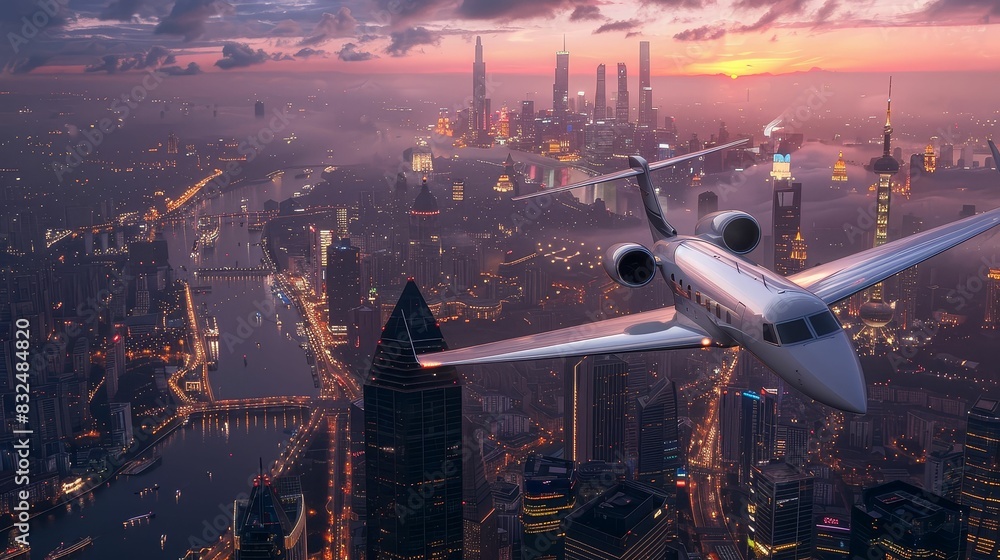 A private jet flying over a bustling cityscape at dusk, with vibrant city lights below A private jet flying over a bustling cityscape at dusk, with vibrant city lights below