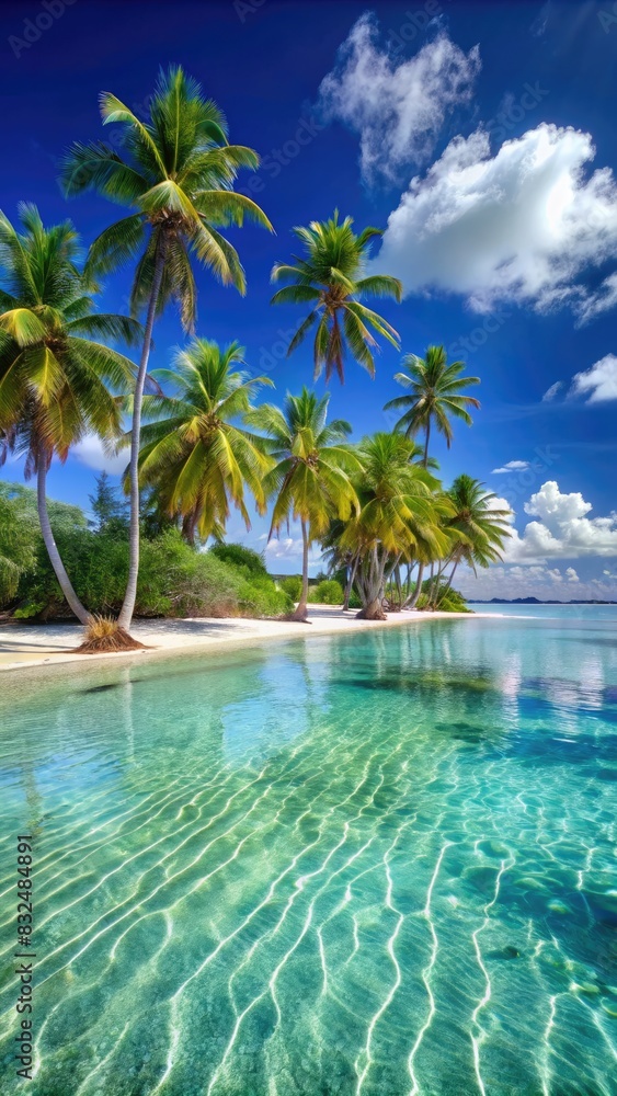 Tropical Beach With Palm Trees and Clear Water. Generative AI Tropical Beach With Palm Trees and Clear Water. Generative AI