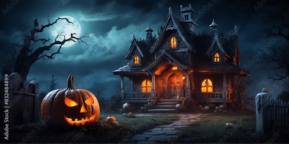 Pumpkins In Graveyard In The Spooky Night with Haunted house and Halloween Pumpkins happy Halloween Background Pumpkins In Graveyard In The Spooky Night with Haunted house and Halloween Pumpkins happy Halloween Background