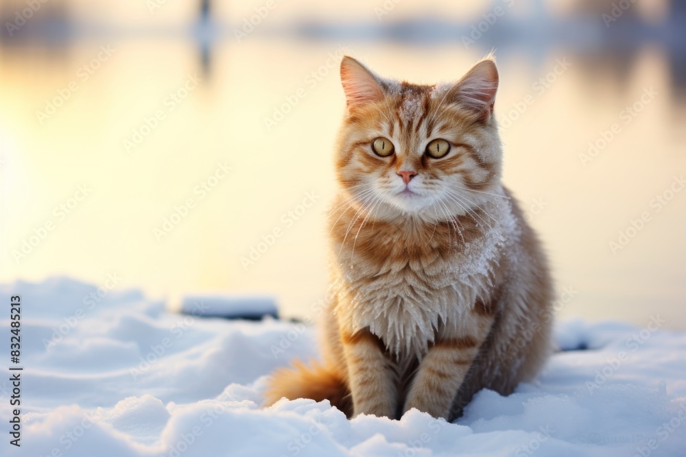 Portrait of a funny javanese cat in backdrop of a frozen winter lake