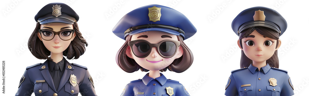 3D cut cartoon female police character. Police character set.