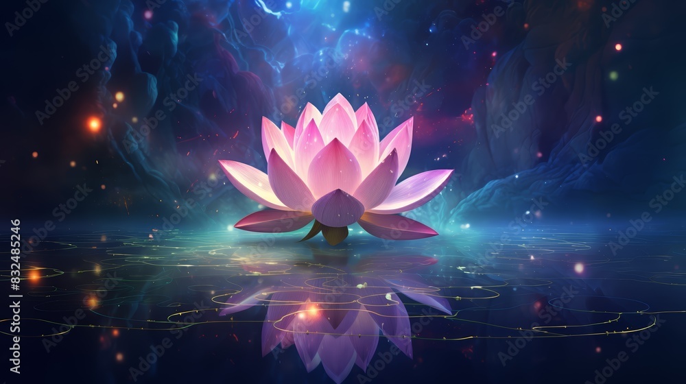 Lotus and moon set against a star-filled space backdrop, magical aura, wallpaper, gentle illumination