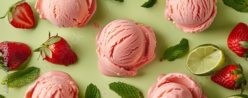 Strawberry ice cream with fresh strawberry slices on a lime green background, sweet and tangy