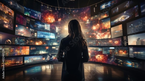 Person enveloped by a video wall displaying multiple streaming channels on TV screens close up, streaming world, realistic, composite, hightech backdrop
