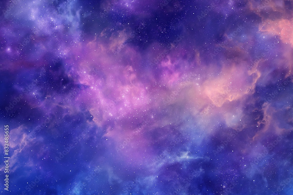 A cosmic painting background depicting a starry night sky with galaxies and nebulae in vibrant hues of violet, indigo, and light pink.