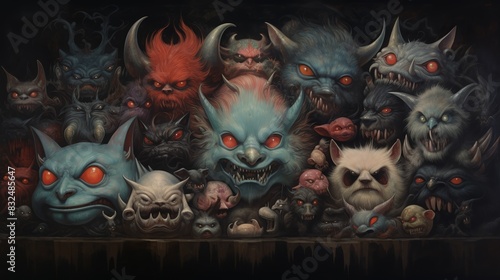 A painting of many different faces, some of which are demonic looking © Xyeppup