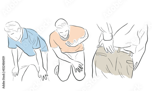 Hand drawn line art vector of a man suffering from shortness of breath, heart congestion and exhaustion due to back ache
