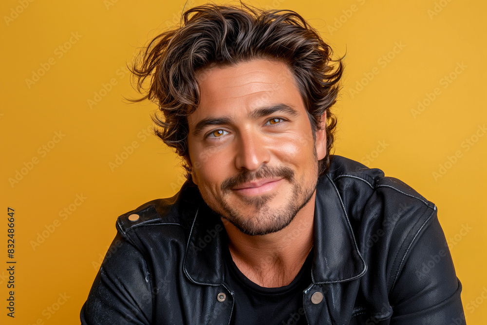 Portrait of handsome adult hispanic man wearing black jacket posing in front of yellow background in studio. Portrait of handsome adult hispanic man wearing black jacket posing in front of yellow background in studio.