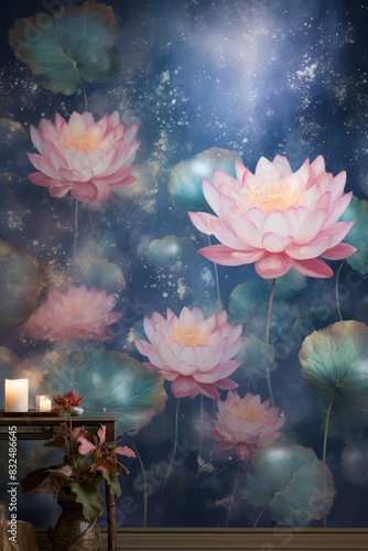 Space-themed wallpaper featuring a lotus before the moon  starry background  tranquil hues
