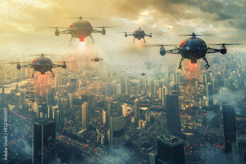 Futuristic illustration of flying drones above city. photo