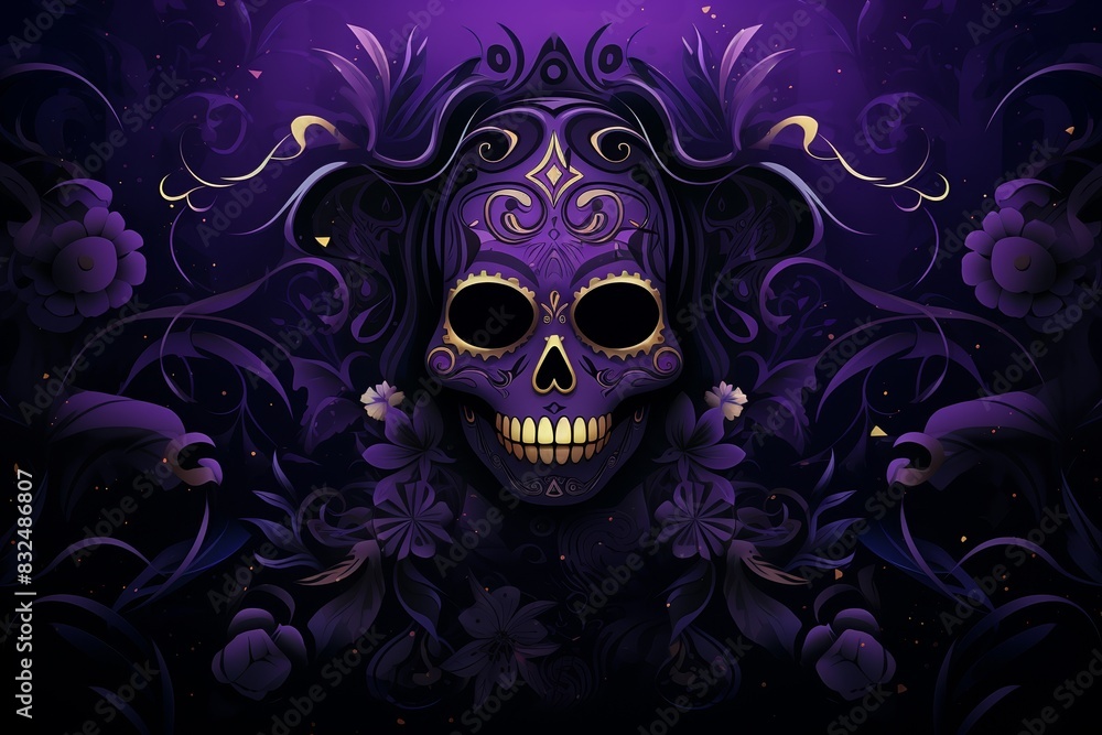 Stylish modern background celebrating Dia de los Muertos, abstract in deep purple and black, flowing lines Stylish modern background celebrating Dia de los Muertos, abstract in deep purple and black, flowing lines