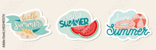 Set of summer stickers with lettering, watermelon, seashells, beach accessories, ball and swim ring. Hello summer cartoon vector illustration.
