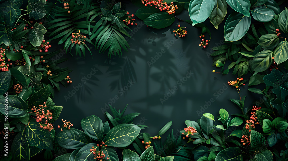A lush green frame of tropical leaves and red berries surrounds a dark backdrop with palm tree shadows, creating a vibrant natural design. A lush green frame of tropical leaves and red berries surrounds a dark backdrop with palm tree shadows, creating a vibrant natural design.