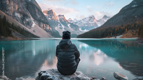A lone figure sits on a rock, gazing at the breathtaking view of a tranquil lake nestled amidst snow-capped mountains.