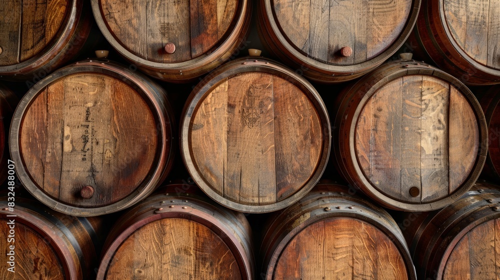 Background of weathered wooden wine barrels, ideal for winery themes