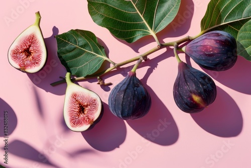 Fresh Figs with Leaves on Pink Background