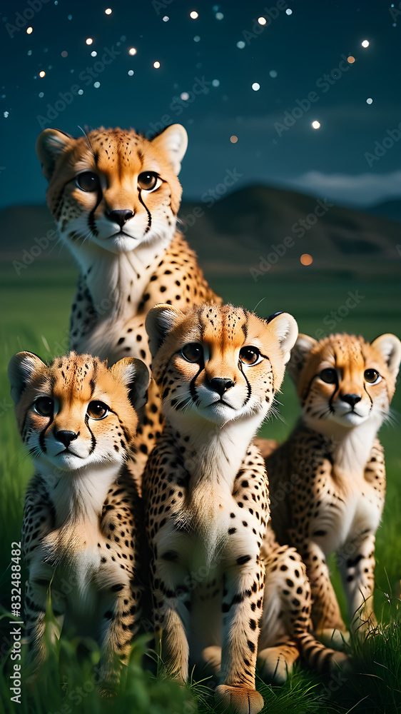 Obraz premium Stunning photo of two playful baby cheetahs posing alongside their graceful mother. The great cheetah In a field full of life and movement Combine the endless environment of the boundless and ethereal