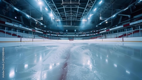 empty hockey ice rink in sports arena wideangle stadium view photo