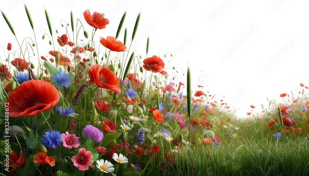 Obraz premium Ein atemberaubendes Motiv einer wilden Mohnblumenwiese: Leuchtend rote Mohnblumen inmitten von hohen, grünen Grashalmen vor einem weißen Hintergrund. Perfekt für Naturliebhaber und Gartenenthusiasten.