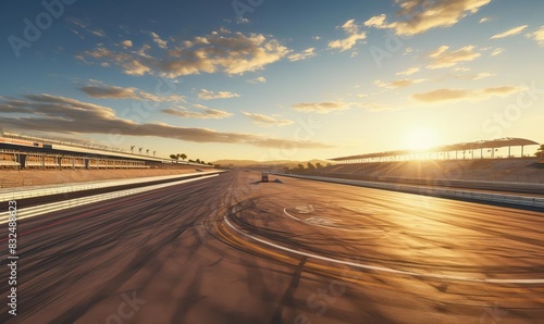 Race track illuminated by golden hour light with empty stands and long shadows aerial view  serene and quiet  vibrant  overlay  sunset horizon backdrop