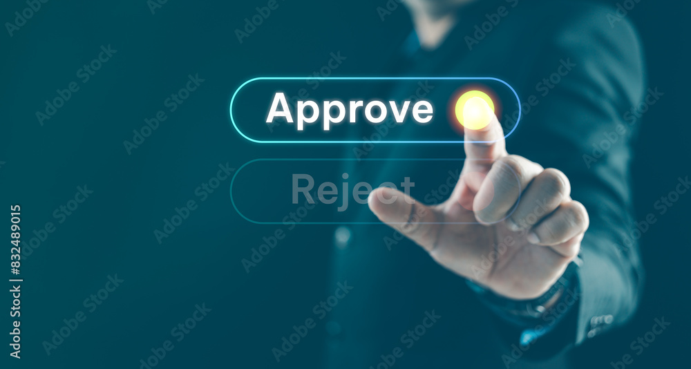 Businessmantouch correct mark to approve document and project concept. Choice between to approve or to refuse concept. Businessmantouch correct mark to approve document and project concept. Choice between to approve or to refuse concept.