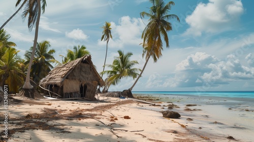 A lone survivor building a shelter on a deserted tropical island