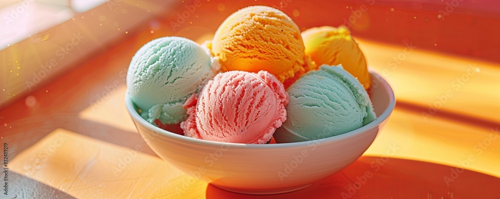 A bowl of colorful sherbet ice cream with a bright orange background, refreshing and visually appealing A bowl of colorful sherbet ice cream with a bright orange background, refreshing and visually appealing