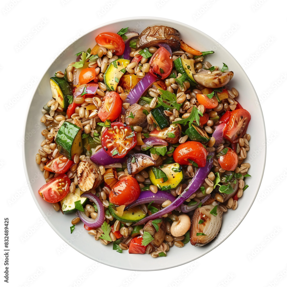 Warm farro salad with roasted vegetables die cut PNG style isolated on white and transparent background Warm farro salad with roasted vegetables die cut PNG style isolated on white and transparent background
