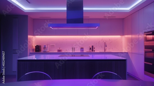 Modern kitchen interior with orange led lighting for interior design projects © Yusif