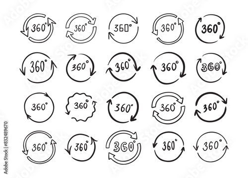 Doodle 360 degree. Hand drawn outline style set