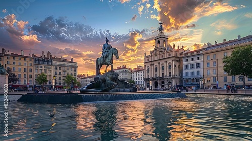 famous bellecour square in lyon france with equestrian statue and fountain historic european landmark travel photography photo