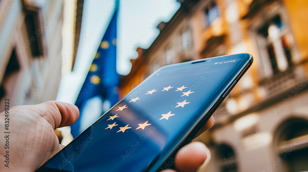 Obraz premium smartfon z ekranem wyświetlającym flagę Unii Europejskiej, leżący na pofałdowanej tkaninie również z motywem flagi UE. Jasne kolory flagi i kontrastujące tło tworzą wyrazisty obraz