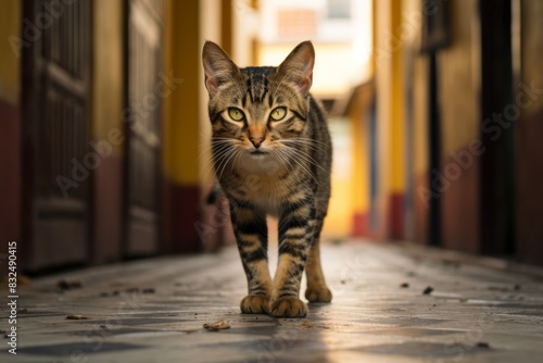 Portrait of a cute javanese cat while standing against bustling school hallway