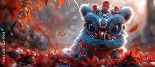 A detailed image of a traditional Chinese lion dance costume amidst vibrant red foliage with a bokeh background captured in a photorealistic style.